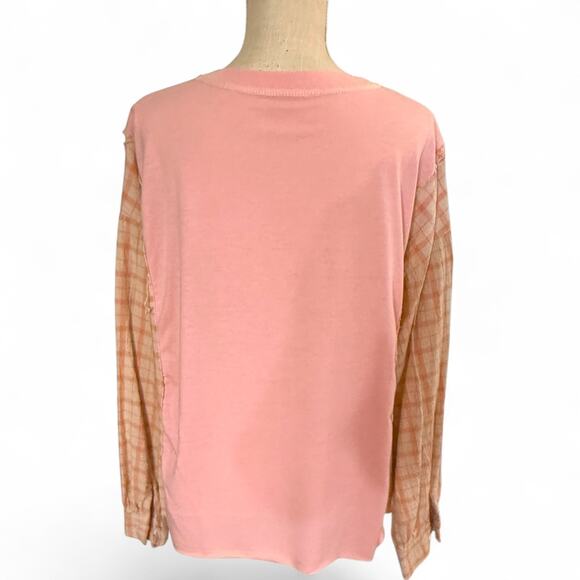 Women's Large Peace Sign Trendy Ragged Edge Pink/Plaid Long Sleeve Top - Picture 3 of 5